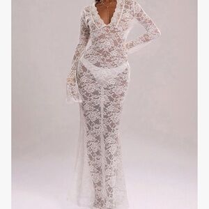 Chic Nation Sheer White Lace Long Sleeve Dress
